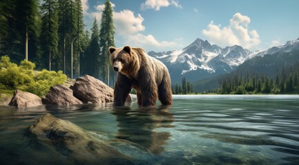 a grizzly bear on water standing near the rocky shoreline, - obrazy, fototapety, plakaty