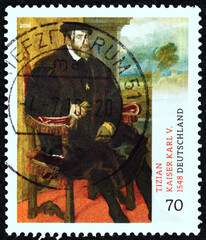 Postage stamp Germany 2016 Charles V, Holy Roman Emperor, detail of painting by Tizian