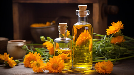 bottle, jar of calendula essential oil extract
