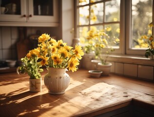 a kitchen with table and window in the background with flowers,