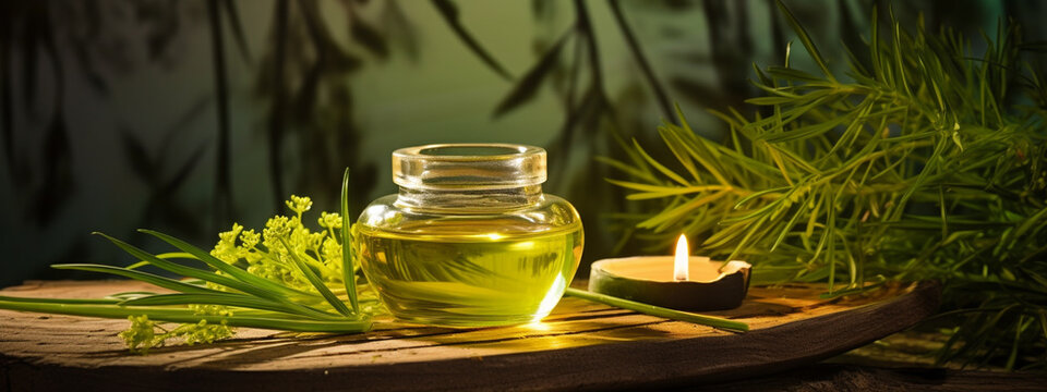 bottle, jar of citronella essential oil extract