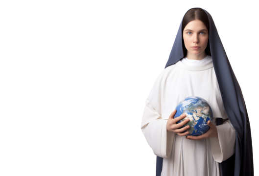 Mother Mary Mother of Jesus Holding Planet Earth in Her hands - Premium Flawless Pen Tool Cutout - In the Style of Professional Studio Photography