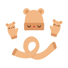 Winter brown knitted hat, scarf and mittens with a bear face. Cartoon flat vector illustration