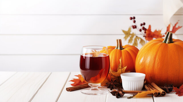 glass of wine and pumpkins on wooden table