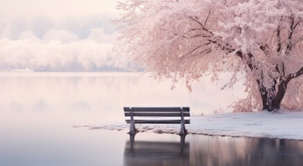 a small bench surrounded by snow near a frozen lake,