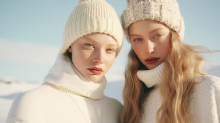 Fototapeta premium Photo of young blonde Scandinavian women on a snowy day