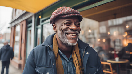a prosperous 62 year old black man filled with joy in Stylish casual attire - obrazy, fototapety, plakaty