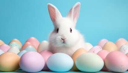 Fototapeta premium a white rabbit is among eggs on a bright blue background,