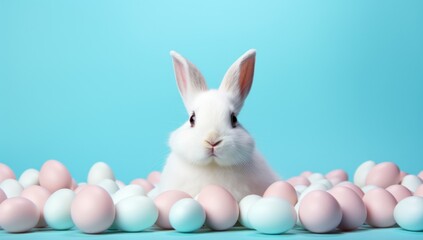 a white rabbit is among eggs on a bright blue background,