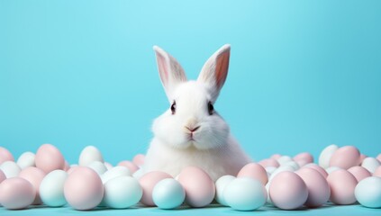Fototapeta premium a white rabbit is among eggs on a bright blue background,