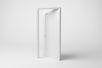 Slightly open white door having a glass panel on white background in monochrome and minimalism