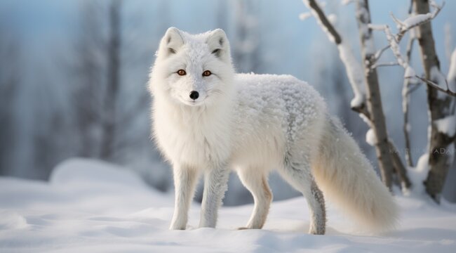 a white fox on snow in the background,
