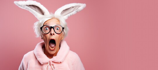 Surprised Mature Woman Wearing a Bunny Suit on a Pink Background - obrazy, fototapety, plakaty