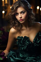 Fototapeta premium Sensual and voluptuous, a lady in a warm room captivates with Victorian elegance, her seductive breast and femininity radiating sexy allure