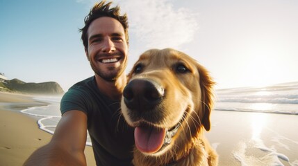 young man spending time with his dog on the beach - obrazy, fototapety, plakaty