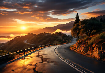 Road with sunset over the mountains. AI generated