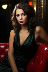 Glamorous Woman in Green Satin Dress on Red Leather Sofa