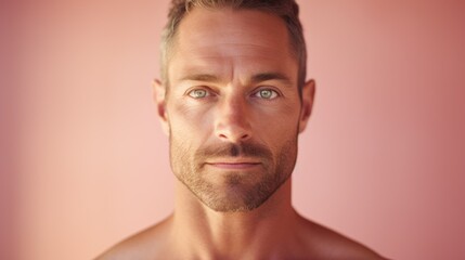 Fototapeta premium Photo of a peaceful man in front of pink background