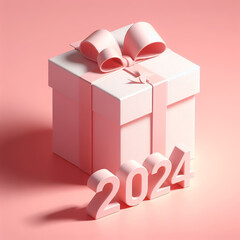 2024, Happy new year celebration for cards or digital background. Pink gift box with ribbon. AI generated