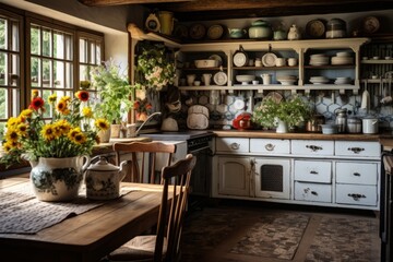 Fototapeta premium Cozy farmhouse style kitchen interior, room filled with all sorts of appliances and details rustic kitchen