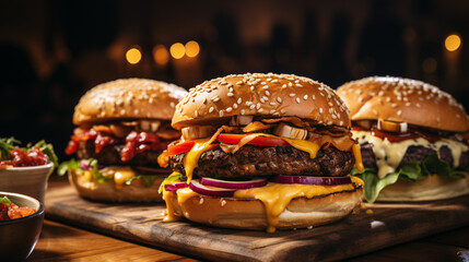 gourmet burgers with grilled beef, cheese, fresh ingredients, soft studio light. ai generated.