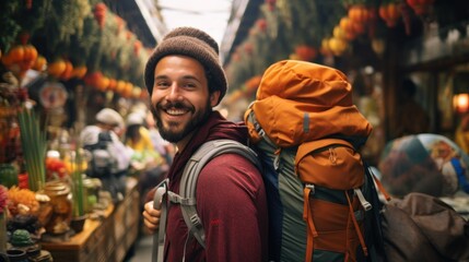 Obraz premium Traveler man wandering around a local market