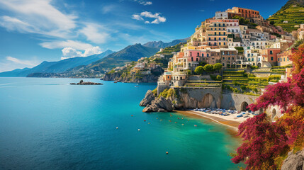 Amalfi Coast with colorful houses and blue sea. ai generated.