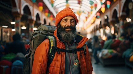 Traveler man wandering around a local market