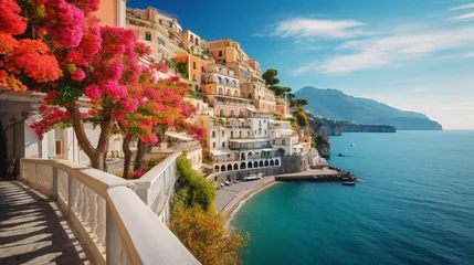Crédence de cuisine en verre imprimé Europe méditerranéenne Amalfi Coast with colorful houses and blue sea. ai generated.