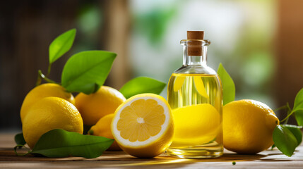 bottle, jar with lemon essential oil extract