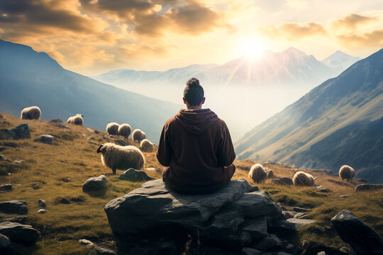 Generative AI image of person meditating among sheep at sunrise