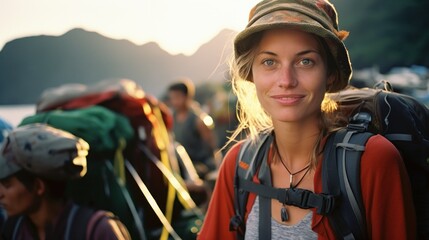 Naklejka premium Adventurous traveler woman with backpack