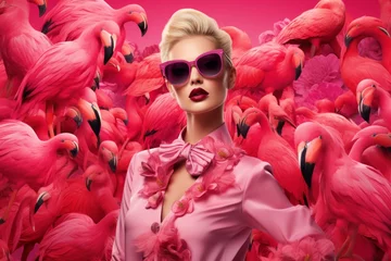 Poster Young girls in beautiful fashionable clothes in flamingo plumage colors, exotic bird and high fashion, fashion magazine cover © pundapanda