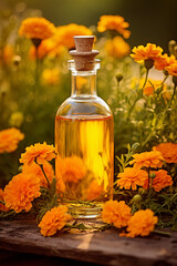 bottle, jar with marigold essential oil extract