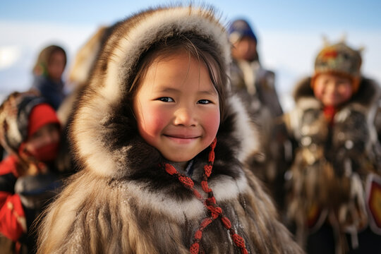 Generative AI image of a little Inuit girl adorned in traditional clothing, smiling and looking at camera while standing against a group of people in cultural garb blurred