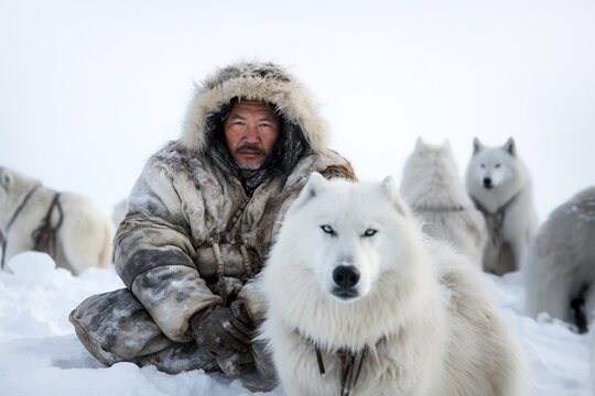 Generative AI image of a member of an Eskimo tribe looking at camera while resting on snowy landscape with a team of huskies
