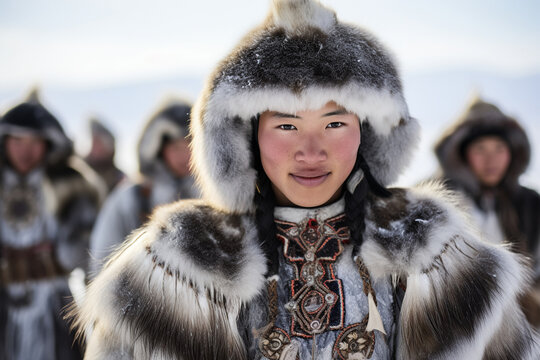 Generative AI image of a young Inuit individual adorned in fur-lined traditional clothing, looking at camera while standing against a group of people in cultural garb blurred in the background