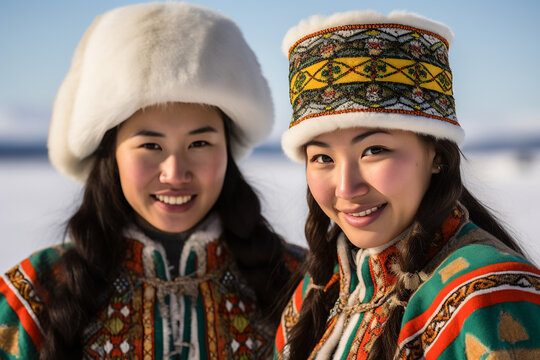 Generative AI image of two women with joyful expressions wearing colorful Eskimo clothing looking at camera while standing against a snowy backdrop