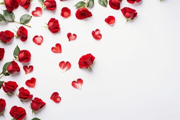 Valentine's day or birthday or mother's day concept, background of red rose petals and roses on white background