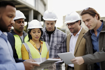 Generative AI image of diverse construction team at work
