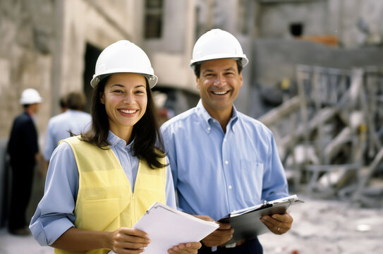 Generative AI image of smiling construction professionals on site