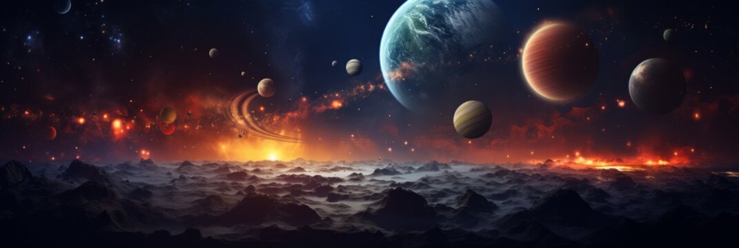 Extraterrestrial galaxies and universes, bright luminous space objects with planets and stars in space, banner