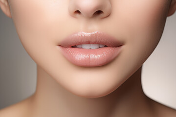 Obraz premium Subtle nude lip gloss on a woman's lips, close-up shot. Minimalist makeup for a natural, everyday look. Perfect for poster, banner, or design. High-resolution image. Female beauty and elegance
