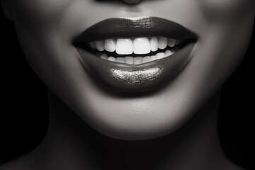 Dramatic black lipstick on a monochrome portrait, highlighting a radiant smile. Bold and edgy makeup concept. Perfect for poster, banner, or design. Female beauty and elegance. Black and white - obrazy, fototapety, plakaty
