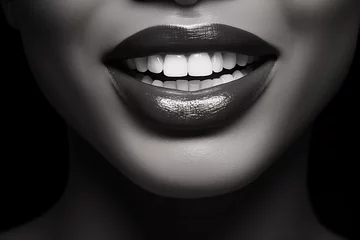 Foto op Plexiglas Dramatic black lipstick on a monochrome portrait, highlighting a radiant smile. Bold and edgy makeup concept. Perfect for poster, banner, or design. Female beauty and elegance. Black and white © dreamdes