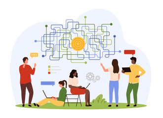 Mind map diagram vector illustration. Cartoon tiny people research visualization of connections in summary diagram of goal achievement, teamwork brainstorm process on decision structure and scheme