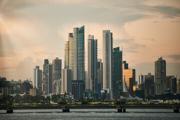 Fototapeta na wymiar View of the road over water (cinta costera) skyline of Panama City