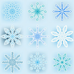  Christmas illustration. Nine vector ornate snowflakes on blue gradient  background. Winter white Сhristmas snow flake crystal element. 