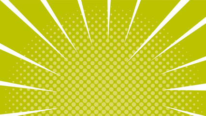 Bright retro background. Green advertising banner in vintage style with copy space. Backdrop with spotted texture and old fashioned rays. Design element for marketing. Cartoon flat vector illustration