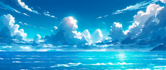 Fototapeta premium Serene blue sku and ocean in anime manga style. Banner format.